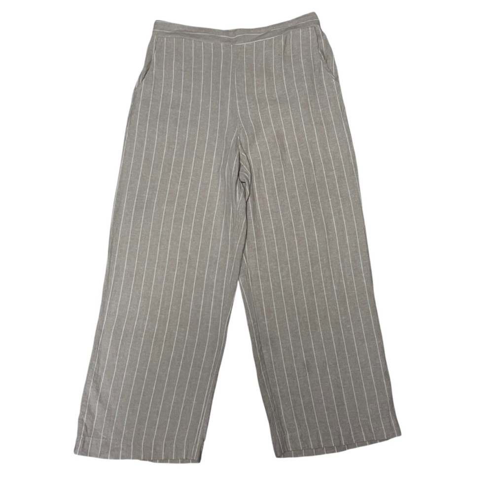 Joie Beige Striped Linen Blend High Rise Wide Leg Pull On Trouser Pants Large